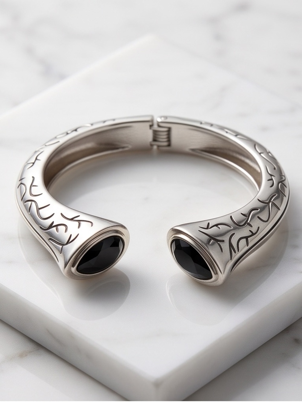 Ladies Silver Tone Engraved Vine Hinged Cuff
Bracelet with Black Stones NWOT
